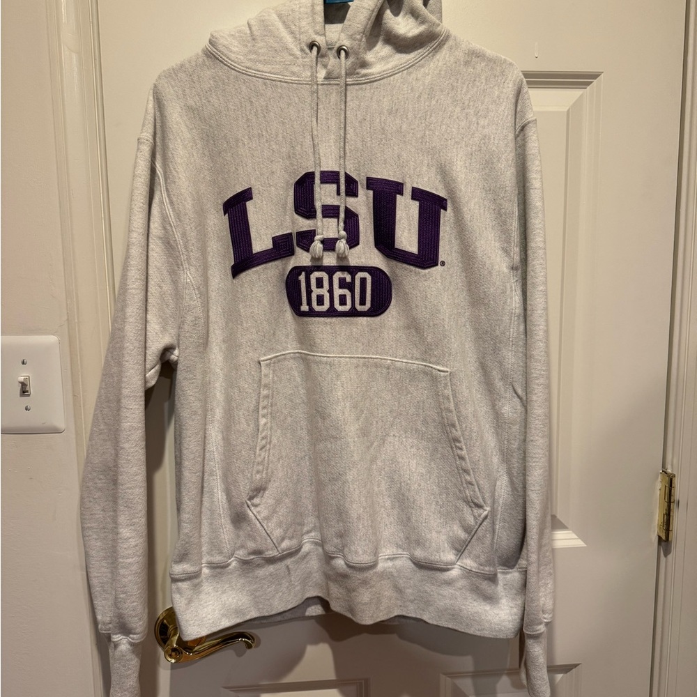 Champion Light Gray LSU Hoodie, size Medium